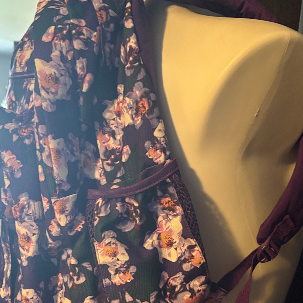 Jansport Purple Floral Print Backpack with Brown Suede Base - Picture 3 of 9